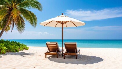 Fototapeta premium A Two wooden lounge chairs on tropical dock stretching into clear turquoise water surrounded by lush palm trees and thatched-roof hut sunlit coastal tranquility beneath vibrant blue sky