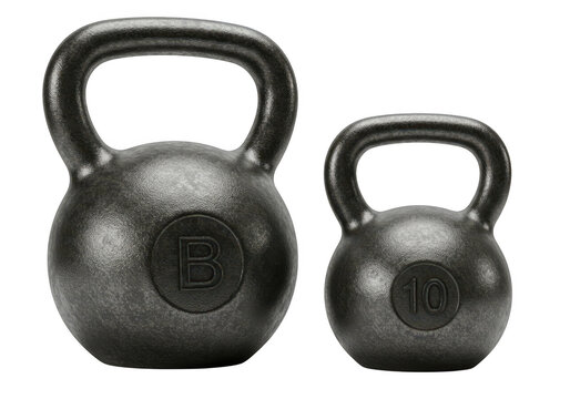 Two cast iron kettlebells of different sizes, used for fitness training, isolated on a transparent background