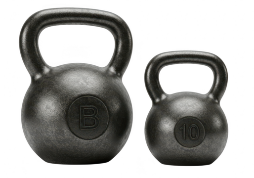 Two cast iron kettlebells of different sizes, used for fitness training, isolated on a transparent background