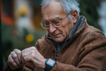 Senior man showing a sensor of a continuous glucose monitor on his arm, managing diabetes in older age and promoting health awareness, Generative AI