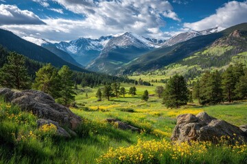 Sunlit valley, wildflowers, snow-capped mountains