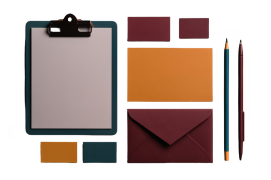 Flat lay of stationery supplies with muted tones.