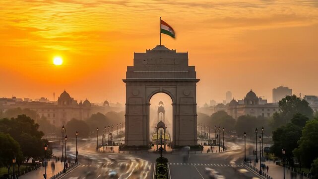 India Gate at Sunrise: Majestic Landmark and Traffic