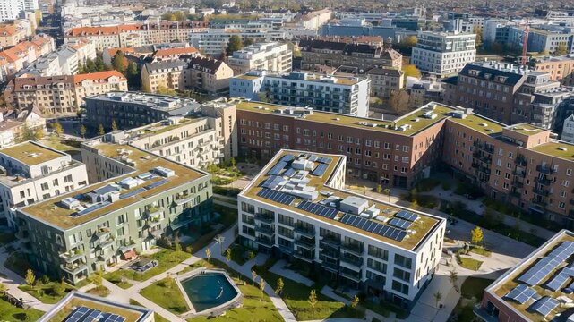 Aerial View of Residential Buildings with Green Roofs and Solar Panels in an Urban European City on a Sunny Day