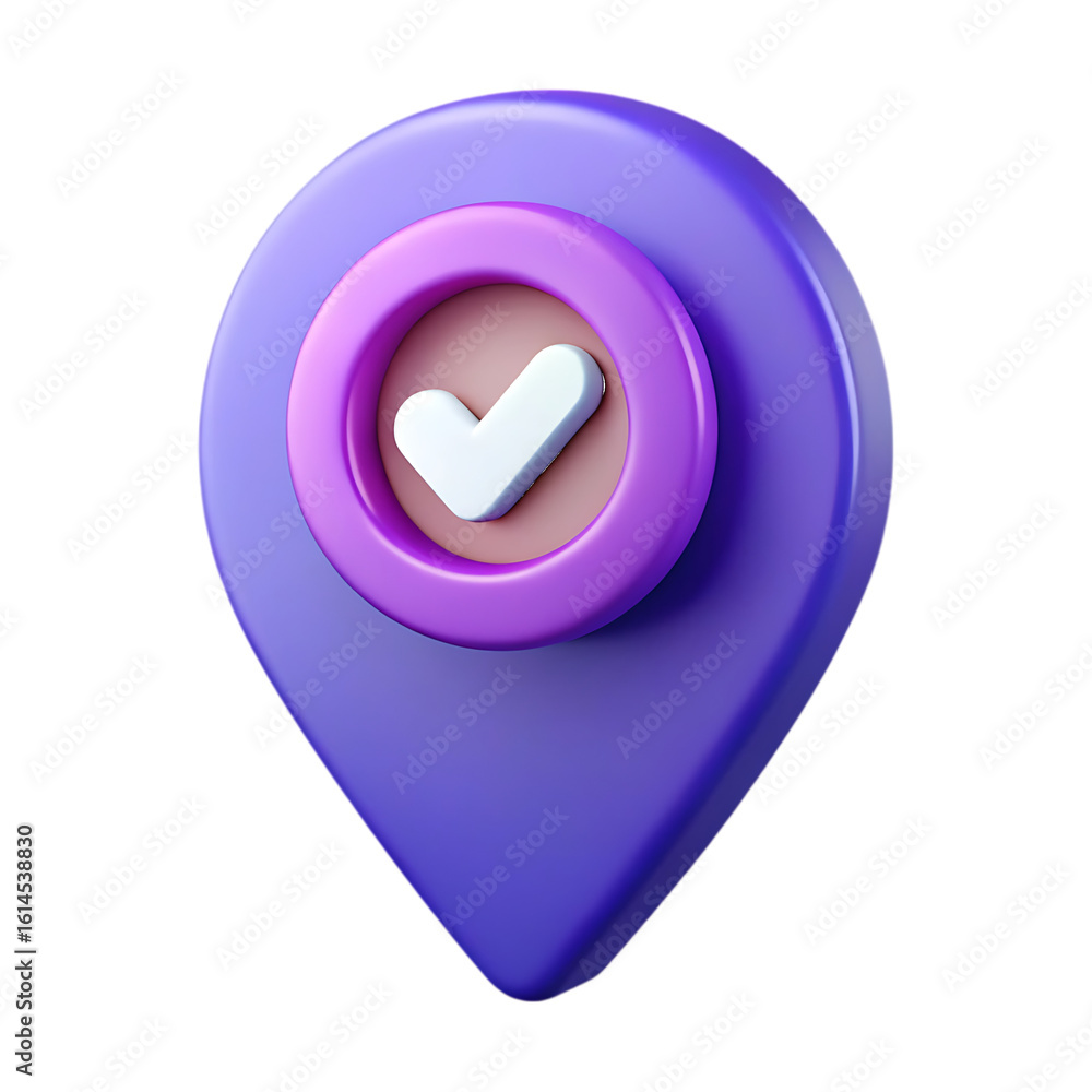 Poster purple location pin with white checkmark isolated on a transparent background map marker