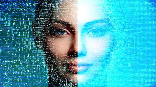 a highly realistic image of a divided face split directly down the middle with one half showcasing