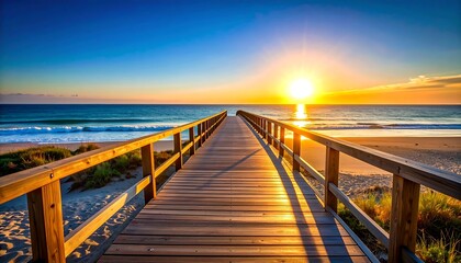 Obraz premium Stunning sunrise over a wooden boardwalk leading to a serene beach landscape