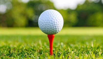 Golf ball sitting on a red tee on a green golf course with blurred background
