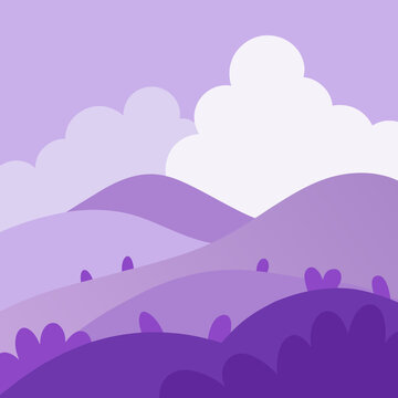 Whimsical purple landscape with rolling hills and fluffy clouds