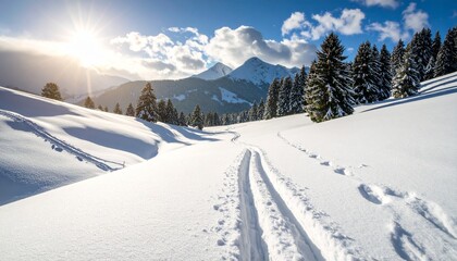 Obraz premium A Tracks Toward Tranquility Snow Path Leading to Mountain Peaks Under Bright Sunlight and Scattered Evergreens
