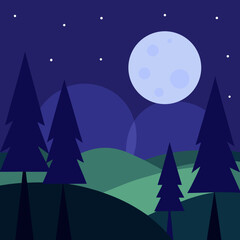 Obraz premium Stylized night landscape with full moon and pine trees