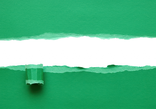 A bright green paper is torn horizontally with a rough edge and a rolled corner, isolated on a transparent background