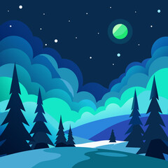 Stylized winter night landscape with aurora borealis and pine trees