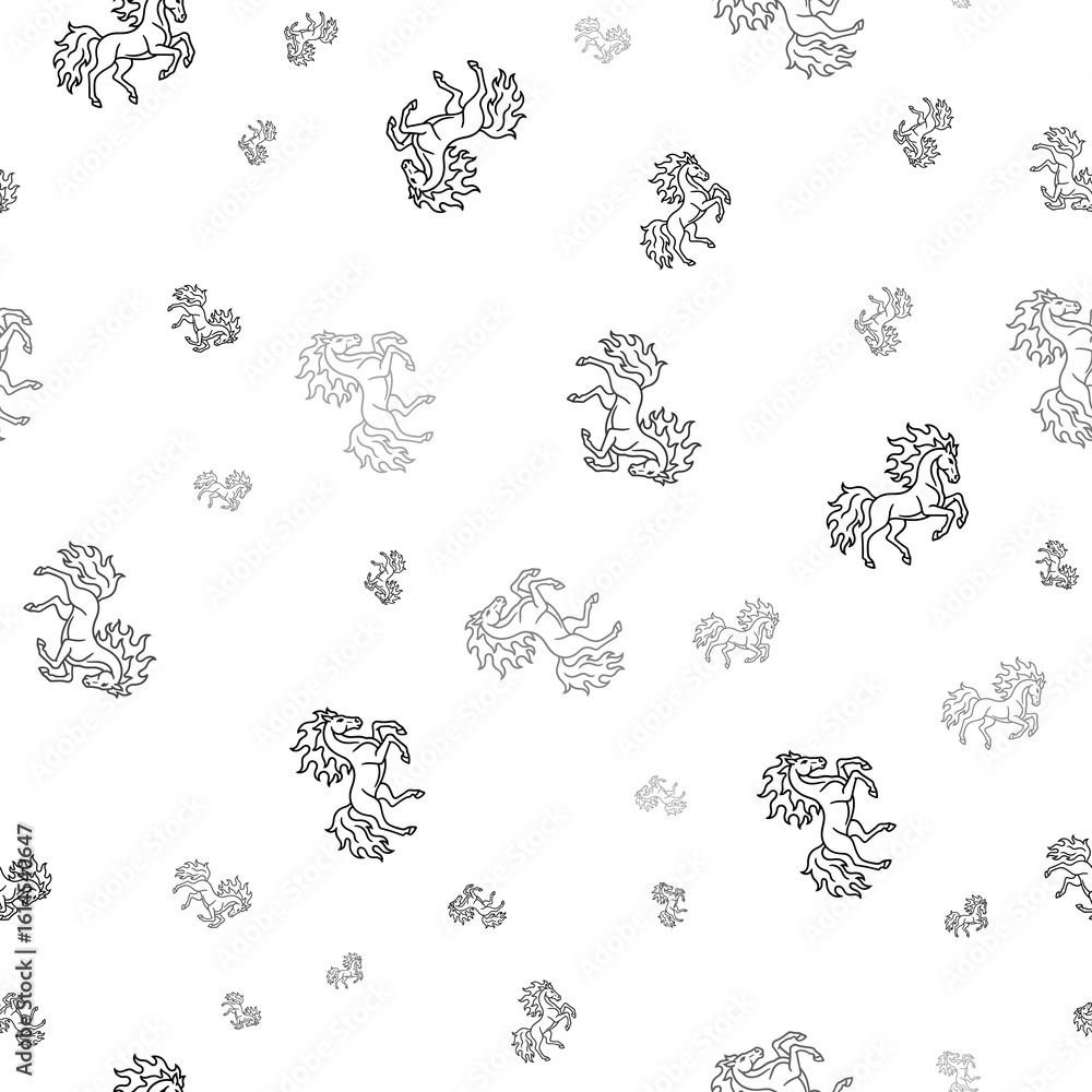 Poster seamless vector pattern with fiery horse symbols, creating a creative monochrome background with rot