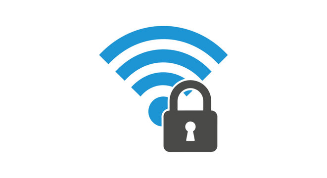 Wi-Fi security icon. Minimal design depicting wireless network connectivity with padlock symbol for secure access and safety. Vector illustration.