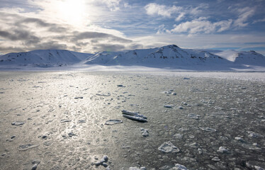 Floating ice on the ocean with mountains in the background in the arctic of Svalbard, Norway © Reto Ammann