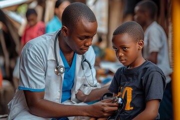 Doctor measuring a boy's pressure using a pressure monitor, conducting a routine check-up during a preventive physical examination for adolescents, Generative AI
