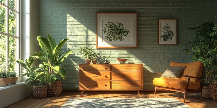 Interior of a room featuring a chest of drawers, designed to provide both functionality and style, rendered in 3D for clarity, Generative AI