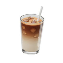 3D Render of Iced Coffee Milk in Clear Glass with Straw and Ice Cubes Isolated on Transparent Background