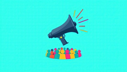 Vibrant Teal Background with Megaphone and Colorful Crowd Illustration