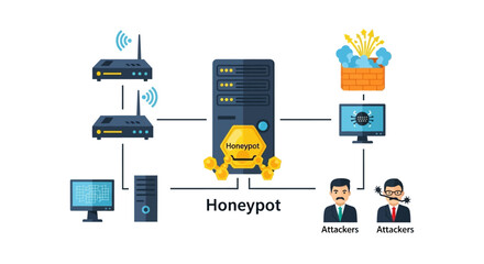 Honeypot cybersecurity concept. Network diagram showing servers, attackers, routers, and security systems to illustrate data protection and threat detection. Vector illustration.