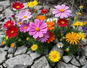 Vibrant cosmos flowers blooming amongst grey rocks pink orange