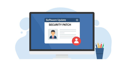 Security patch software update concept. Modern computer displaying update notification with user profile and secure icon. Vector illustration.