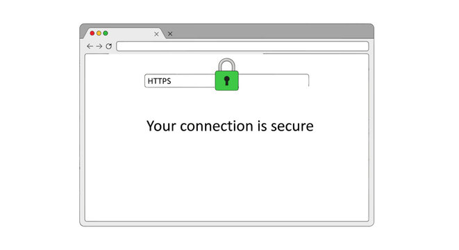 Secure connection concept. Web browser interface with HTTPS and padlock icon indicating encrypted communication. Vector illustration.