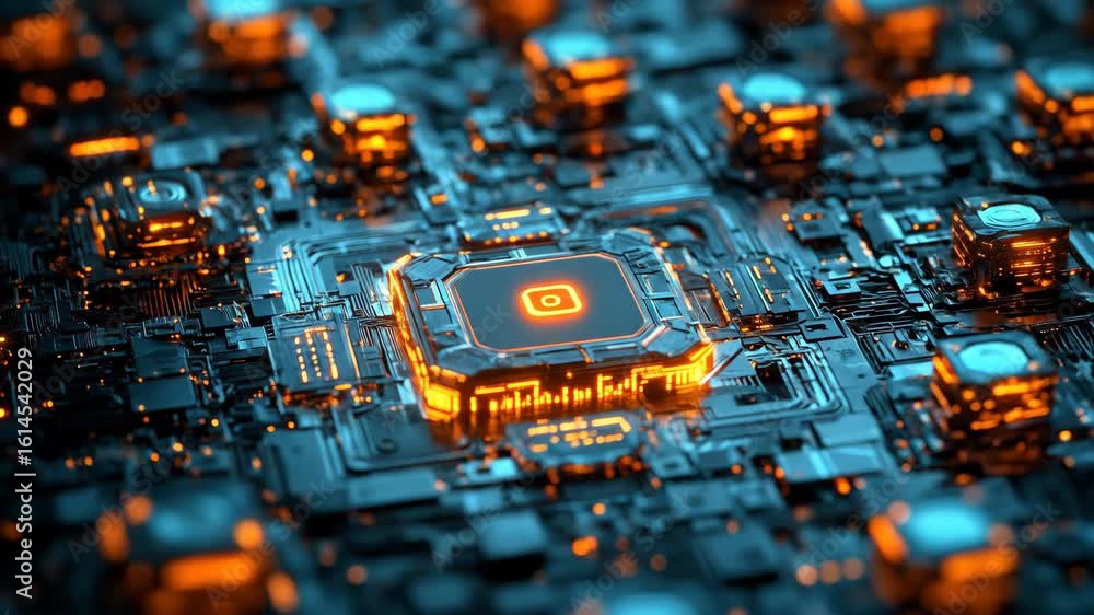 Poster illuminated circuit board with glowing processors, macro focus