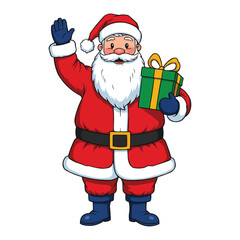 Santa Claus with a Gift Box Waving - Christmas Illustration