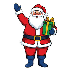 Santa Claus with a gift, waving and smiling, Christmas illustration