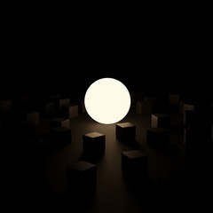 A luminous sphere surrounded by numerous dark cubes in a dark space.