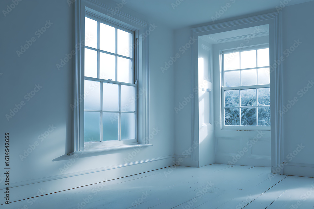 Poster bright natural light streams through two large sash windows into an empty minimalist white room with