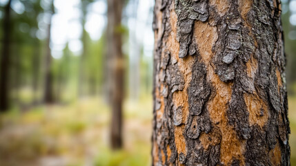 Fototapeta premium A detailed close-up reveals the rough, textured surface of tree bark, highlighting its intricate patterns and rich colors. This captivating image is beautifully framed by a gentle bokeh effect, evokin