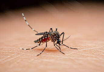Striped Mosquito Sucking Blood on Skin Close Up. World Mosquito Day