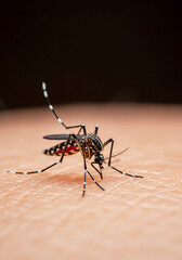 Striped Mosquito Sucking Blood on Skin Close Up. World Mosquito Day