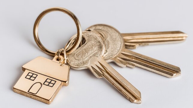 House keys with metallic golden house-shaped keychain, lying flat on clean white background, sharp detail and soft shadows, ideal for real estate branding