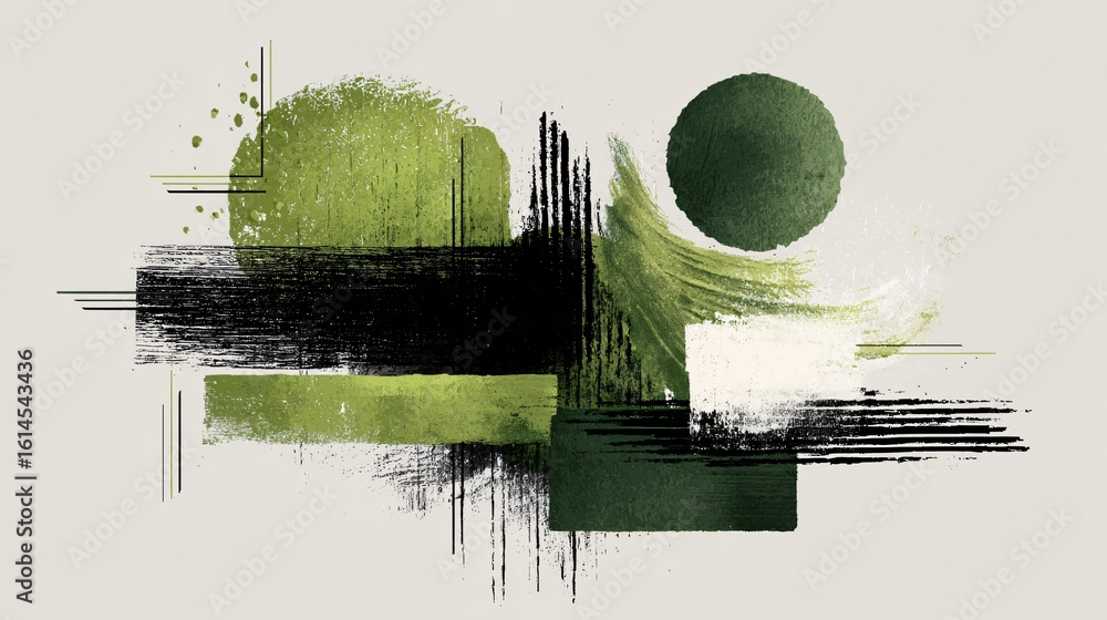 Poster dynamic abstract art blends textured green brushstrokes with bold black shapes, creating a visually 