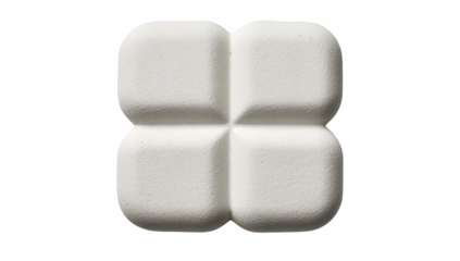Four-lobed, white, square, textured object