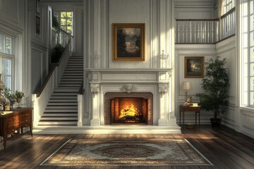 Interior featuring a fireplace and staircase, 3D rendered to balance the elegance of architectural details with the warmth of the room's ambiance, Generative AI
