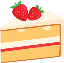Minimal flat strawberry cake slice vector with cream and strawberry fruit topping on transparent background