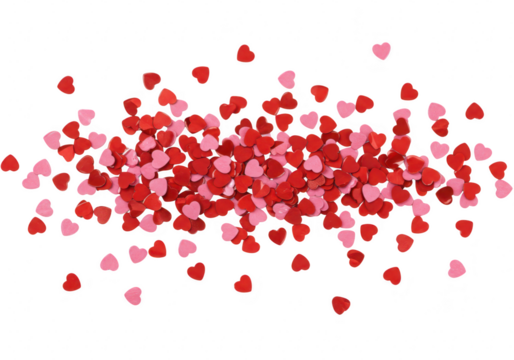 A pile of red and pink heartshaped confetti is scattered across a transparent background