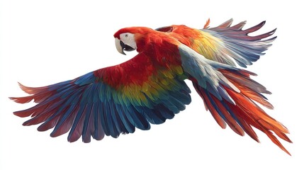 Fototapeta premium Side view of a colorful scarlet macaw spreading its wings mid-motion, feathers in dynamic pose, isolated on white background, ideal for branding, eco-tourism, or travel ads
