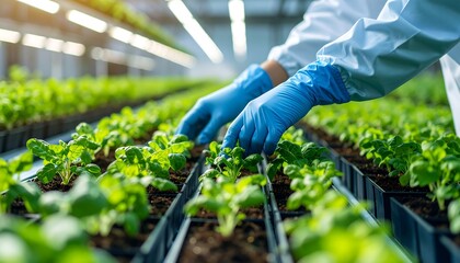 Hands tending young plants in a greenhouse