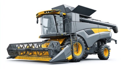 Obraz premium High-tech farming combine in industrial gray and yellow, strong front blade and modern cabin visible, positioned slightly angled, isolated on clean white background with ample copy space