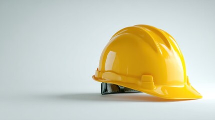 Fototapeta premium Minimalist setup of hard hat with high-gloss texture, placed diagonally with clean lines, copy space on right side, isolated on white background for training or corporate safety content
