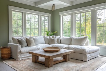 Corner sofa positioned near a green wall, reflecting farmhouse home interior design for a modern living room, Generative AI