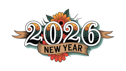Happy New Year 2026 Typography – Beautiful Floral Number Decoration with Leaves, Petals
