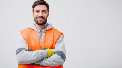 Portrait of smiling warehouse worker in safety vest and gloves, standing with arms crossed, looking at camera, clean white background with copy space for logistics or labor ads