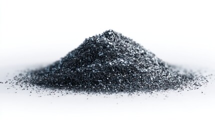 Shallow pile of fine arsenic crystals, subtle shine and dark silver tone, smooth edges and particle scattering, isolated on clean white background